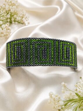 Handwoven Guatemalan Beaded Bracelet | Green Geometric Cuff Handmade by Artisans